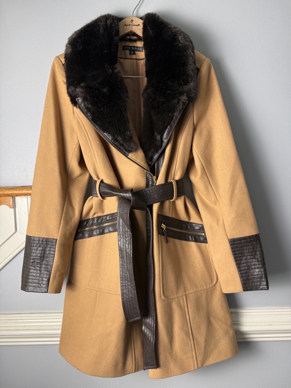 Vintage Via Spiga Camel Trench Coat with Dark Brown Faux Fur Collar. Asym